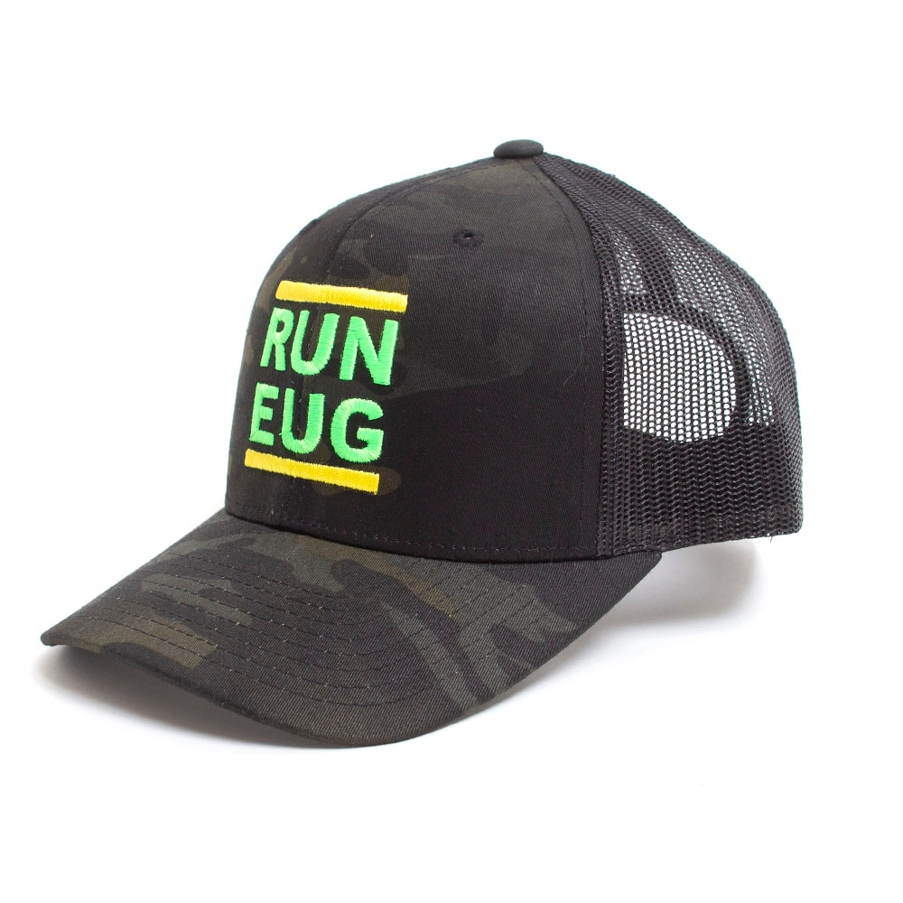 Eugene, McKenzie SewOn, Black, Curved Bill, Cotton Blend, Accessories, Unisex, Track & Field, Retro, 2021, Trucker, Adjustable, Hat, 508524